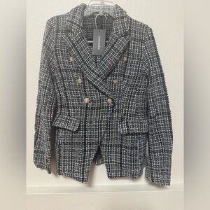 MANGO Black & White Tweed Double-Breasted Blazer